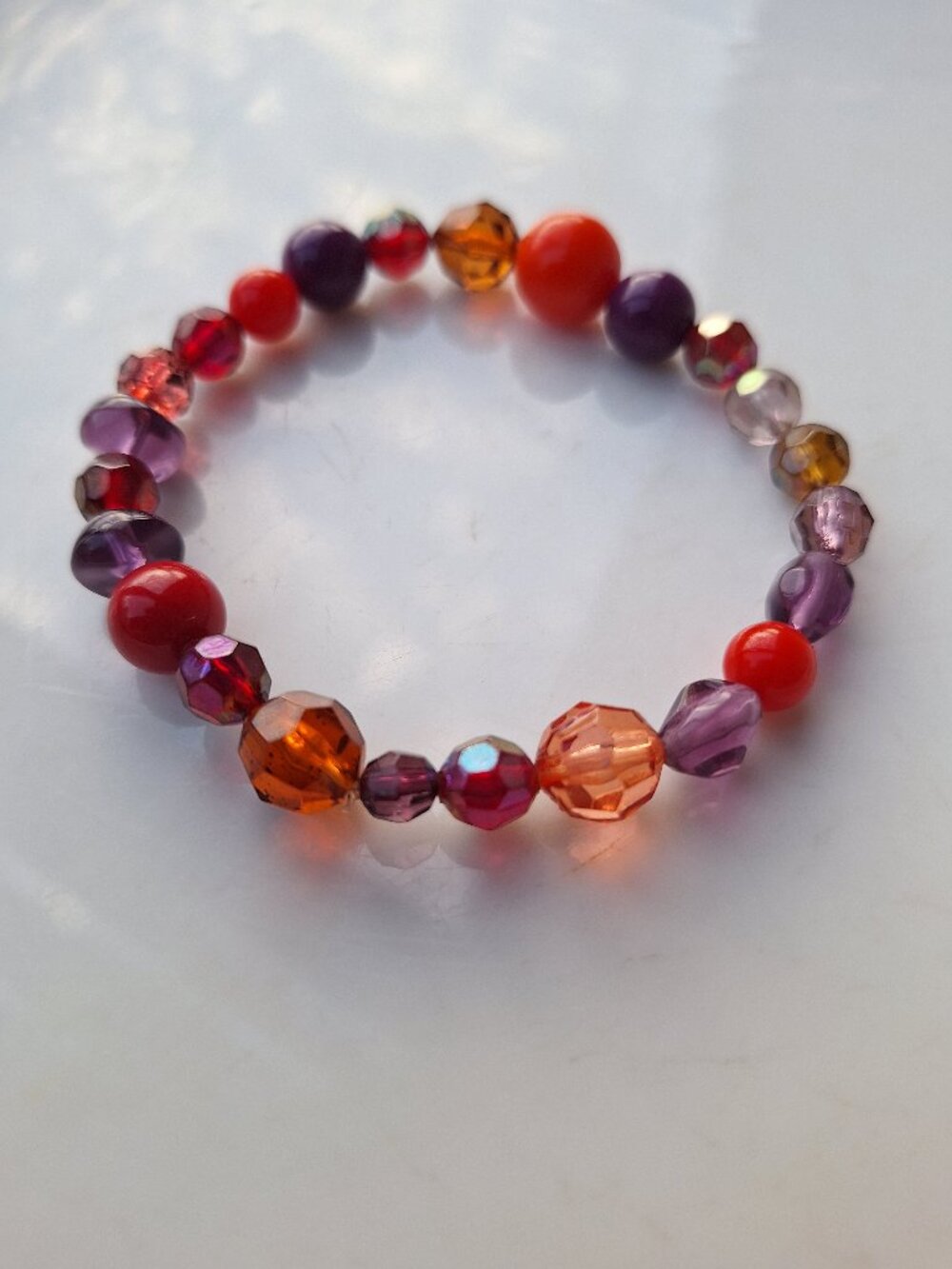 Red Purple Multicoloured Beaded Bracelet Plastic Elastic Stretchy Hippy Boho